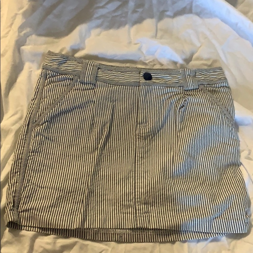 A blue and white denim skirt